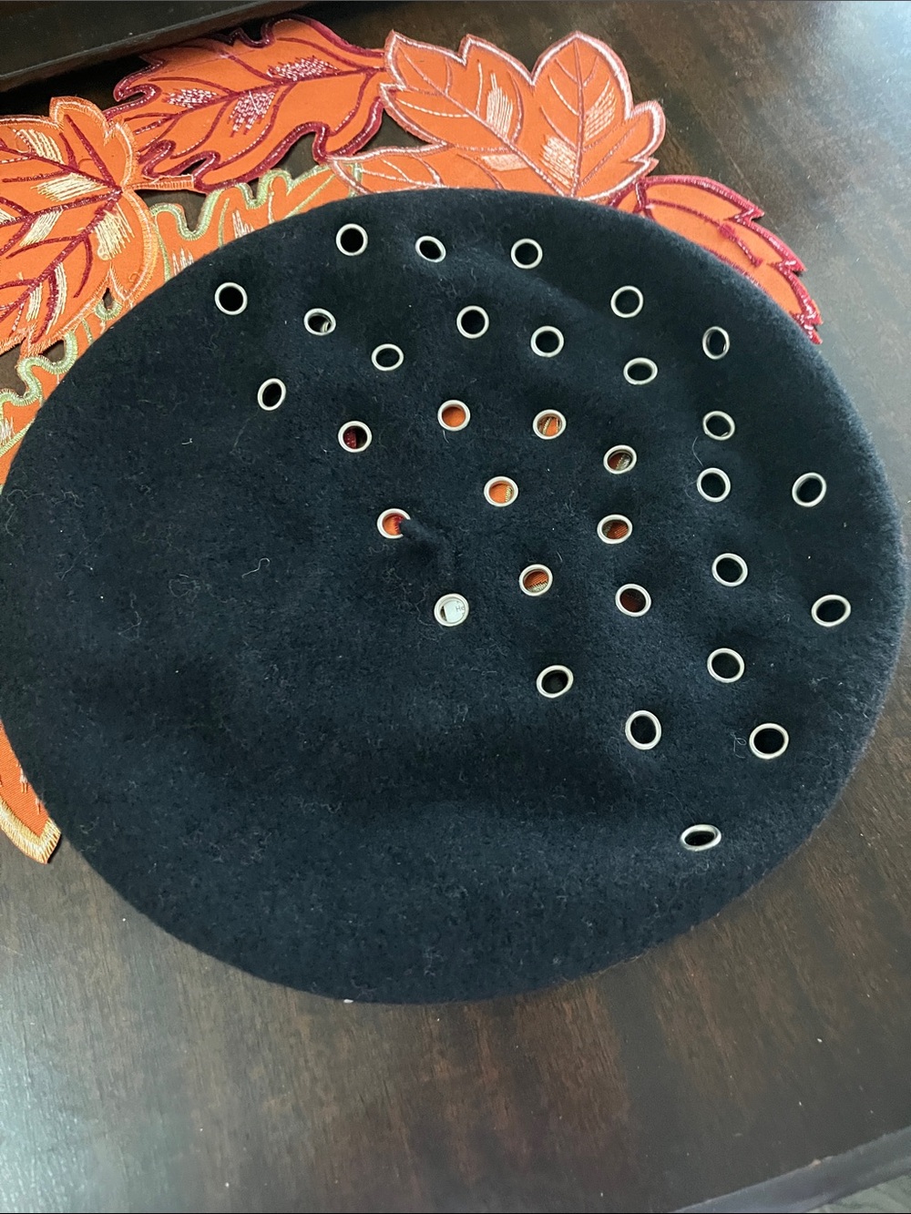 Talbots Black Wool Beret with Silver Grommet Detail